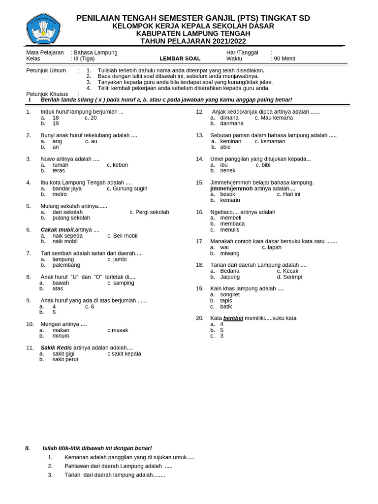 Soal Bahasa Lampung Kelas 3 SD PDF