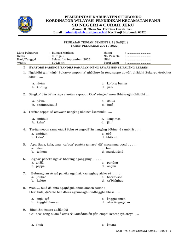 Soal PTS Bahasa Madura Kelas 3 PDF