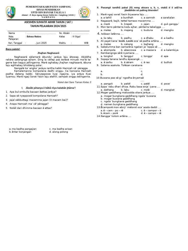 Soal UTS Bahasa Madura Kelas 3 PDF