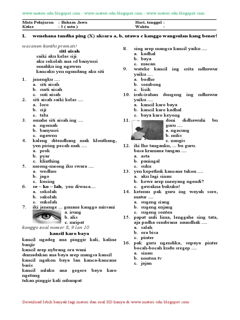 Soal Bahasa Jawa Kelas 1 Dalchaebi