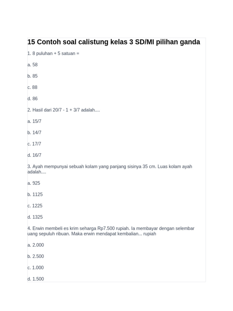 15 Contoh Soal Calistung Kelas 3 PDF