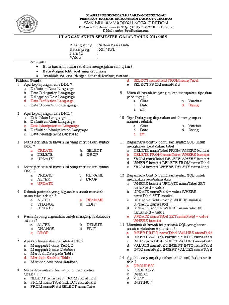 Soal UAS Sistem Basis Data SMK 2014 PDF