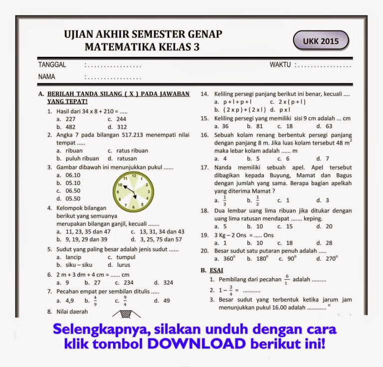 15 Contoh soal mata pelajaran matematika kelas 3 sd semester 2 terbaru untuk latihan ujian