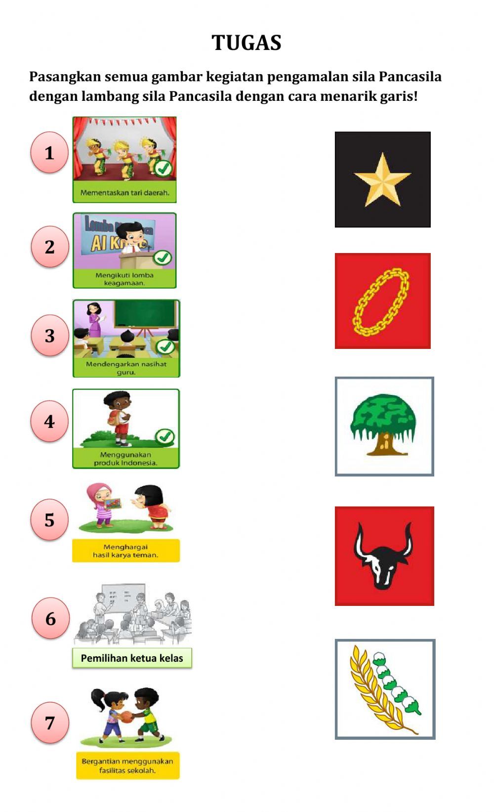 Pkn-pasangkan kegiatan sila dengan simbol sila worksheet Membaca