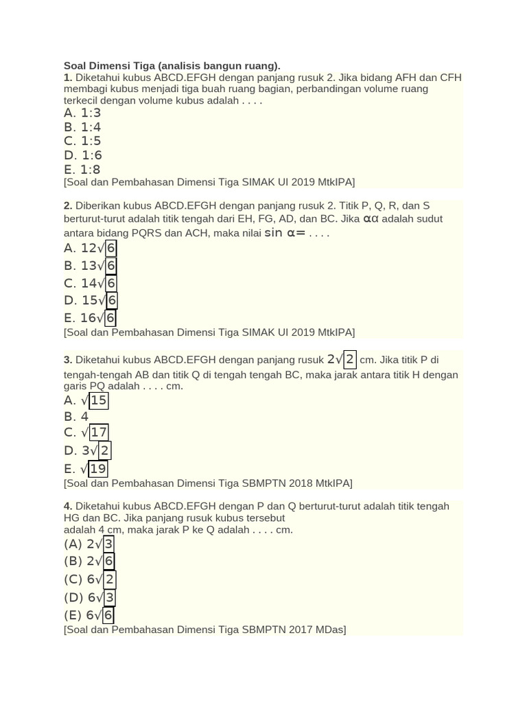 Soal Dimensi Tiga untuk Kelas 12 PDF