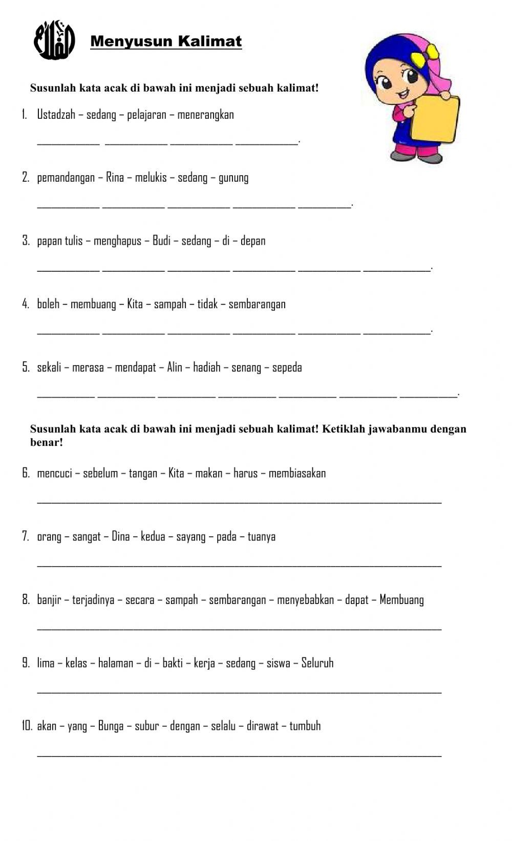 Menyusun kata menjadi kalimat worksheet Artofit