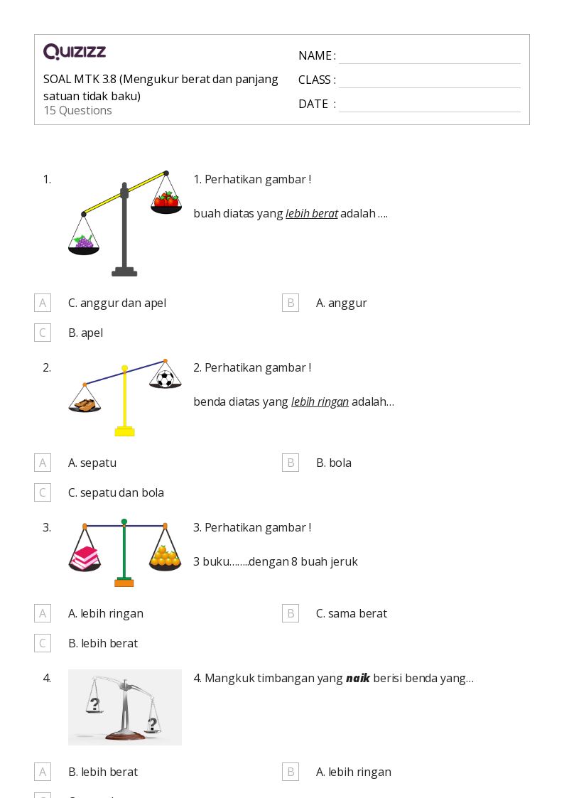 50 lembar kerja Mengukur Berat untuk Kelas 1 di Quizizz Gratis