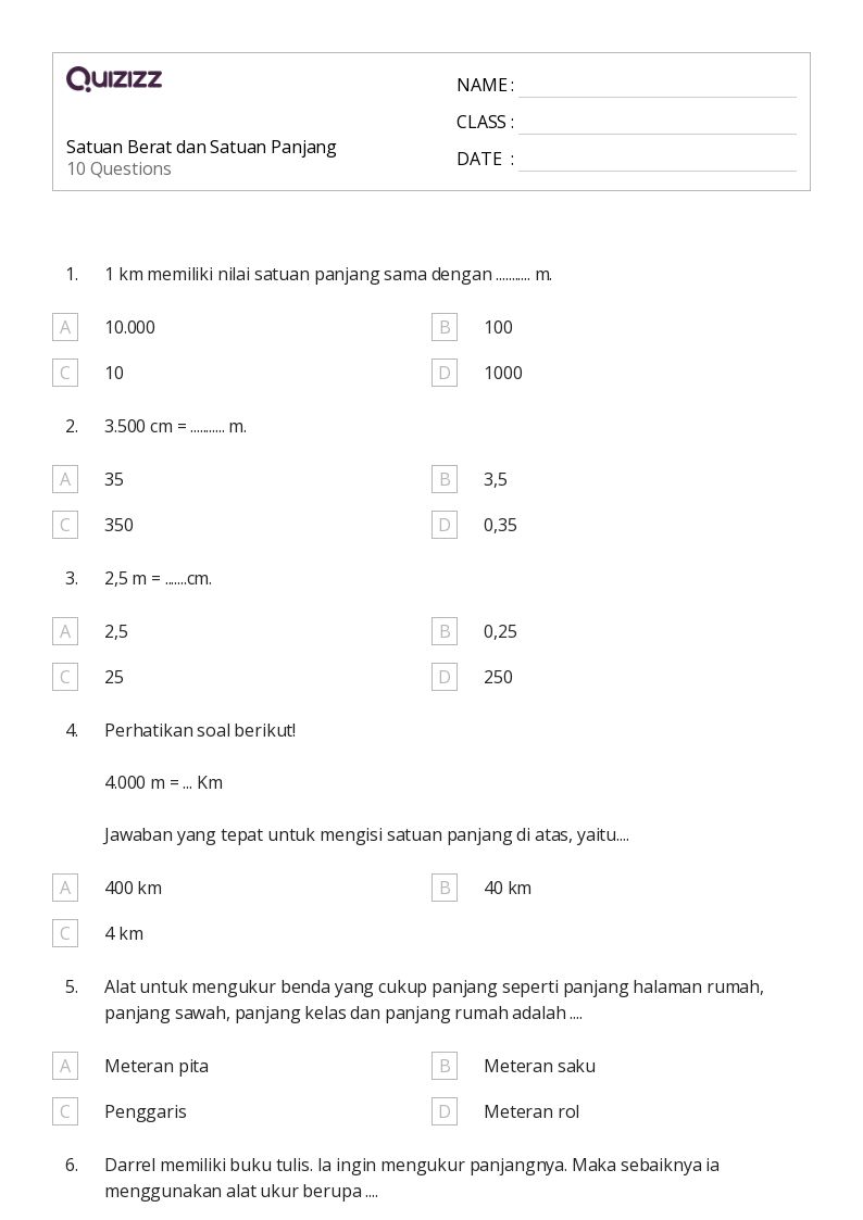 50 lembar kerja Satuan Panjang dan Metrik untuk Kelas 3 di Quizizz