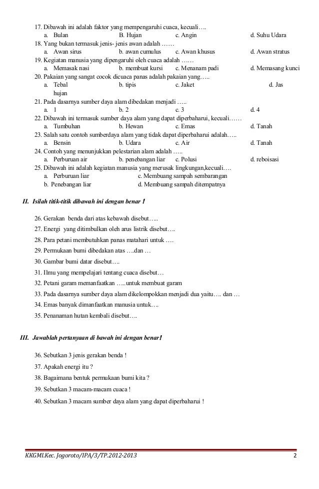 Soal Ipa Kelas 3 Sd Semester 1 - Piffle me
