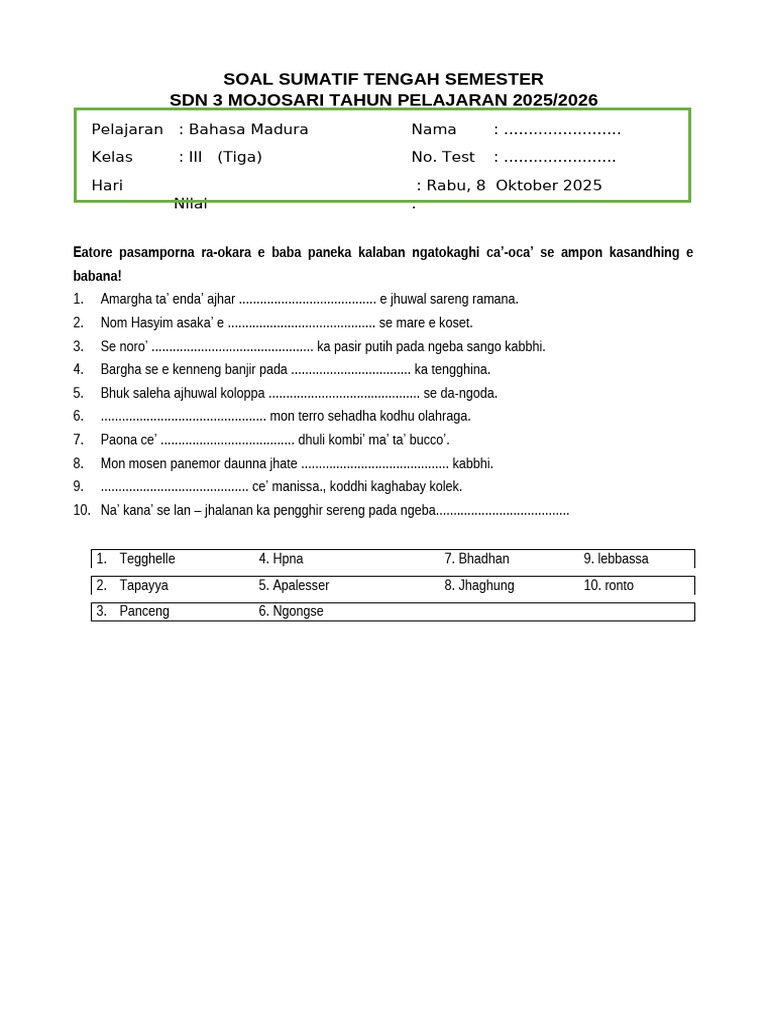 Soal Bahasa Madura Kelas III SD 2025 PDF